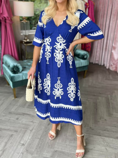 V-neck Printed Short Sleeve Midi Dress