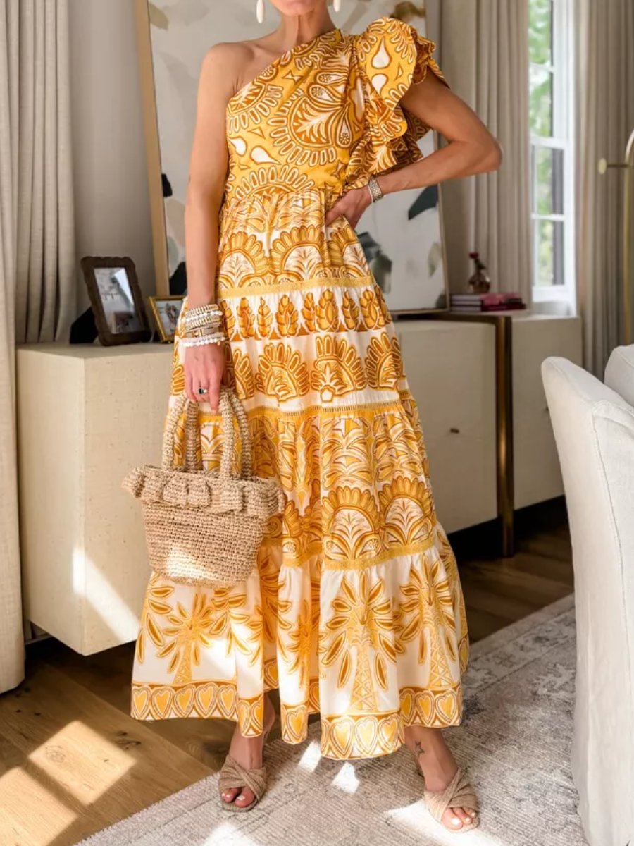 Flouced Printed One Shoulder Maxi Dress