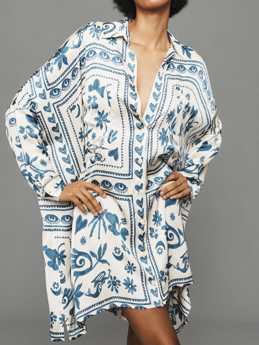 Side Seam Pockets Printed Shirt Dress