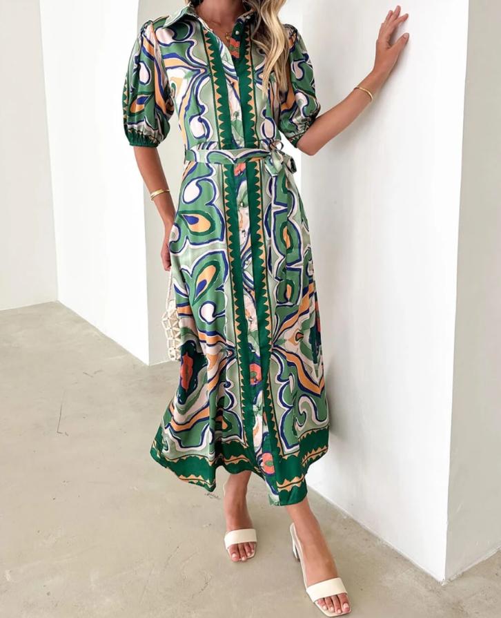 Satin Print Maxi Shirt Dress