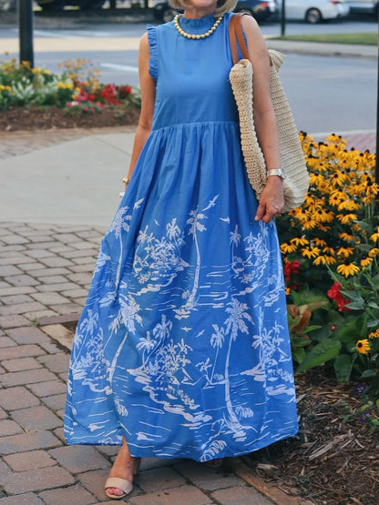 Sleeveless Ruffled Printed Maxi Dress