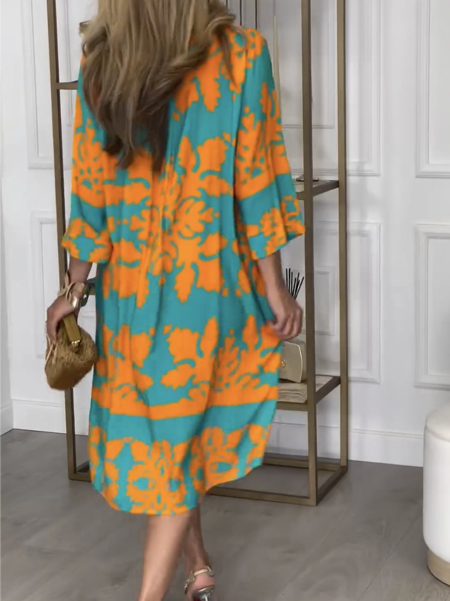 Orange And Teal Floral Print Dress