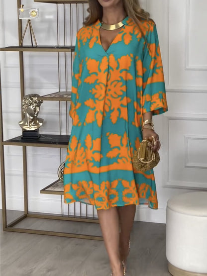 Orange And Teal Floral Print Dress