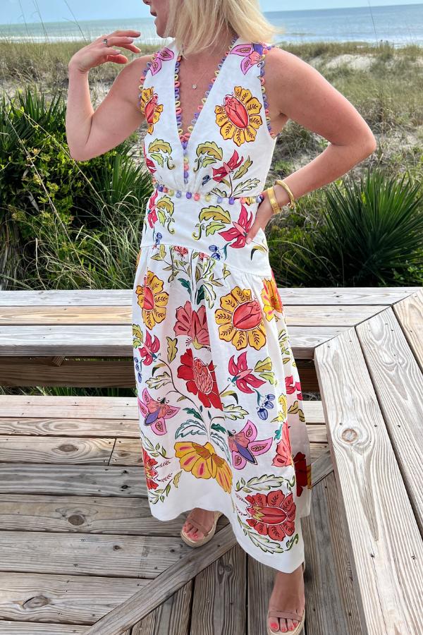 Floral Insects Off White V Neckline Sleeveless Maxi Dress