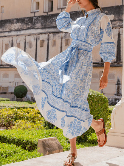 Floral Puff Sleeve Fit and Flare Midi Dress