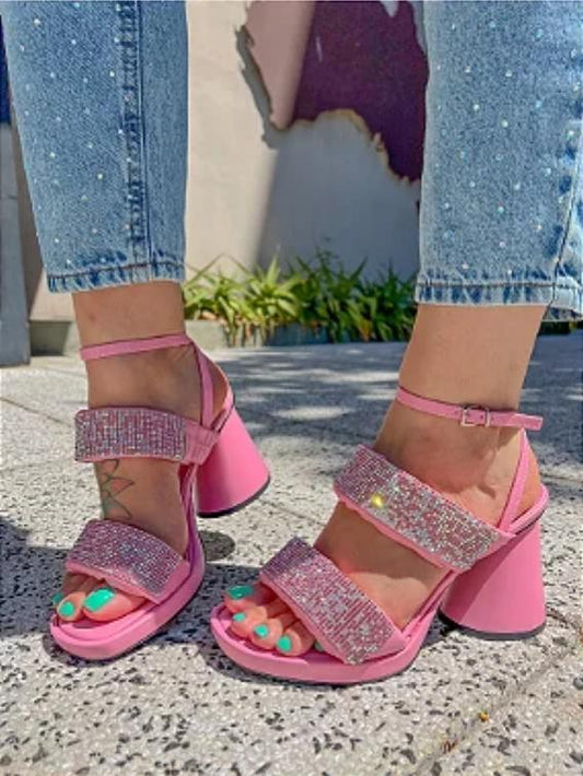 Rhinestone Sparkly Thick-Heeled Sandals