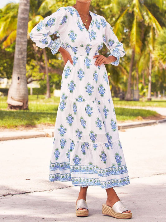 Stingy-Waist Printed Midi Dress