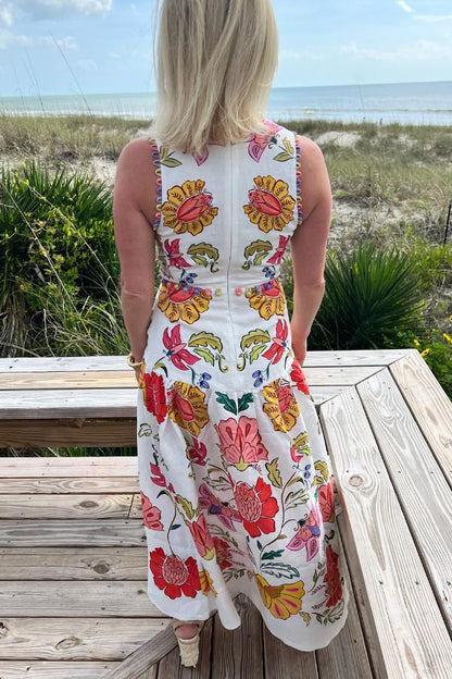 Floral Insects Off White V Neckline Sleeveless Maxi Dress