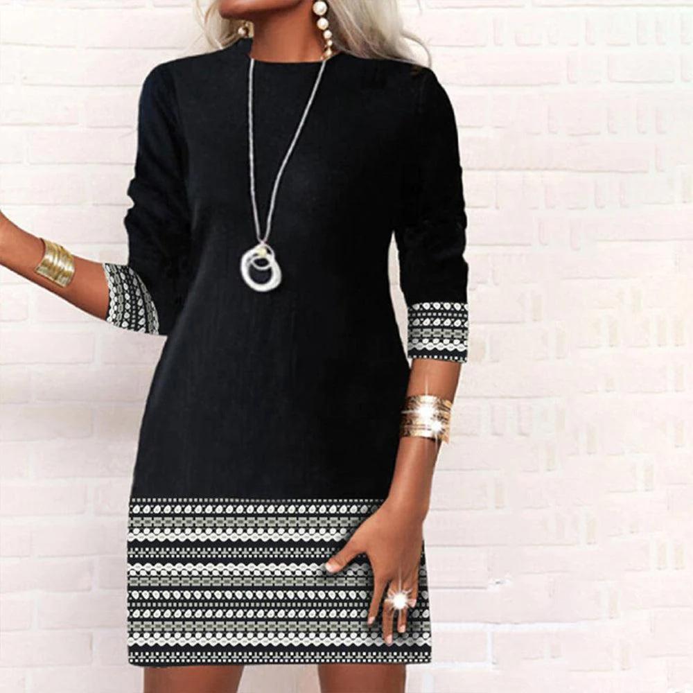 Black And White Aztec Print Trim Long Sleeve Mini Dress