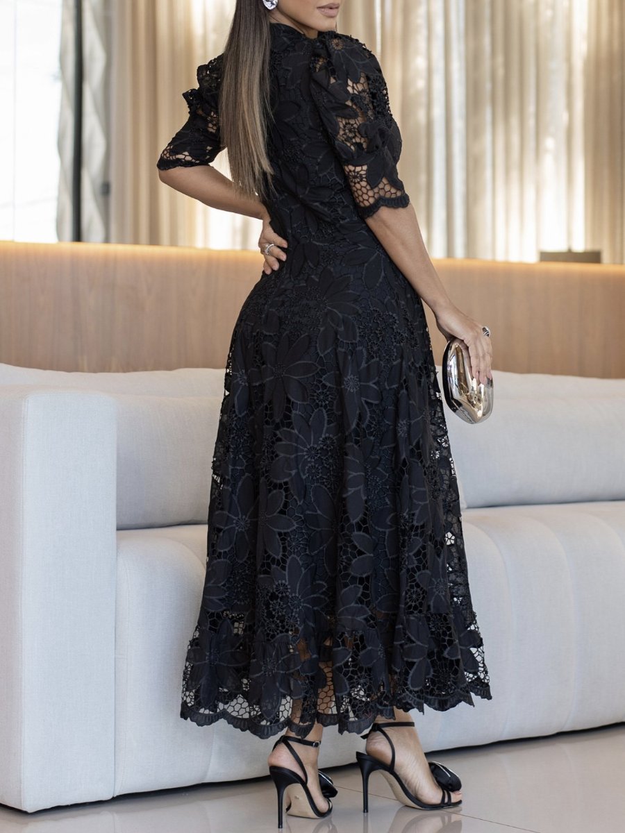 Flower Lace Puff Sleeve Elegant Dress