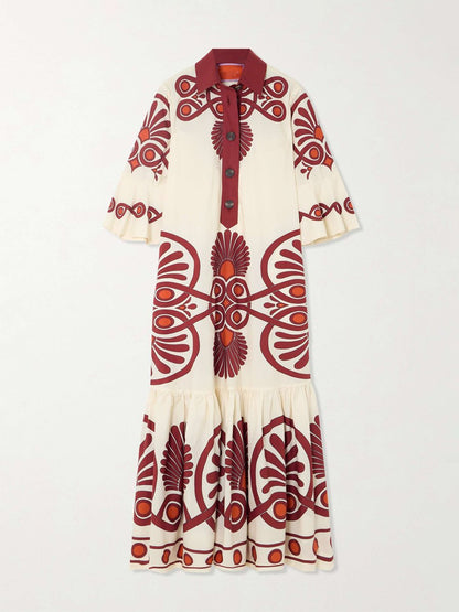 Printed Flare Sleeve Maxi Shirt Dress